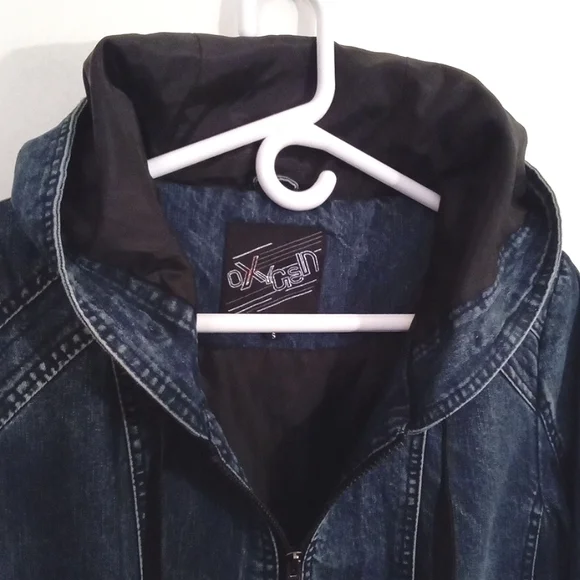 Oxygen Women's Hooded Long Moto Lined Denim Zip Up Jacket Pockets Small - Picture 2 of 14
